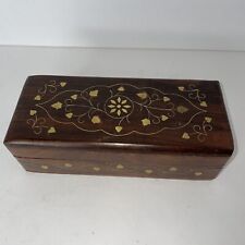 Wooden Hand Made Trinket Storage Box With Brass Inlaid Leaf  Design 7” x 3” x 2"