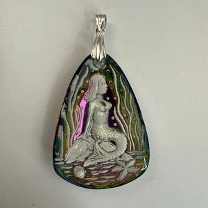 Ciondolo in vetro iridescente a sirena con cauzione in argento sterling 925 1,75" - Foto 1 di 7