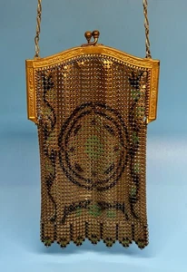 Antique Whiting & Davis Metal Mesh Purse Bag Gold With Black & Green Accents - Picture 1 of 13