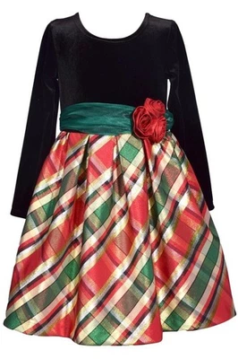NEW Bonnie Jean Girls 6 "BLACK VELVET RED GREEN PLAID" Taffeta Christmas Dress - Image 1 of 4