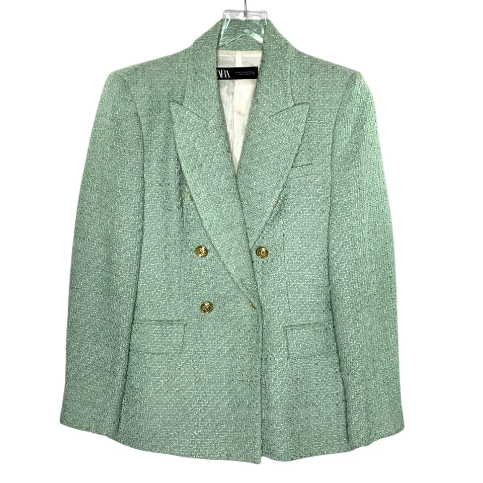 Blazer ZARA M Mujer Texturizado Doble Pecho Verde Mar Dorado Botón Corp Foto 1 de 4