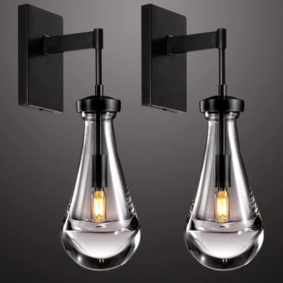 2 Pack LED Modern Wall Light Black Raindrop Clear Glass indoor Sconce Fixture UL - Image 1 of 4