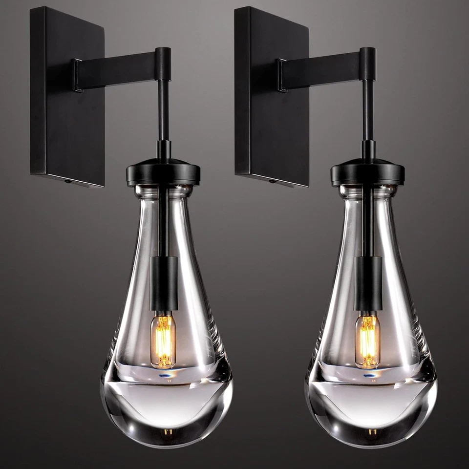 2 Pack LED Modern Wall Light Black Raindrop Clear Glass indoor Sconce Fixture UL - Image 1 of 4