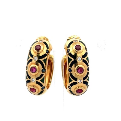 卡地亚 1.14 克拉红宝石蓝宝石 0.16 克拉钻石 18K YG 夹式耳环 — 第 1/4 张图片