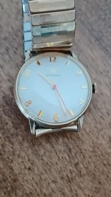 Cuerda manual Wittnauer vintage 17J-10k R.G.P. Bisel de acero inoxidable funciona hacia atrás Foto 1 de 4