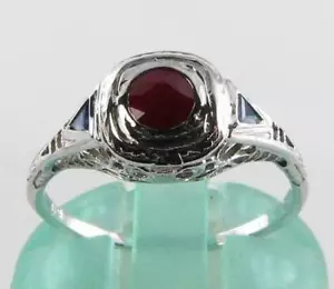 9CT WHITE GOLD RUBY SAPPHIRE SOLITAIRE with ACCENTS ART DECO INS RING Size O - Picture 1 of 5