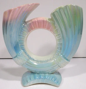 vintage 24cm blue pink pottery lustre vase cornucopia double vase Diana? Casey? - Picture 1 of 13