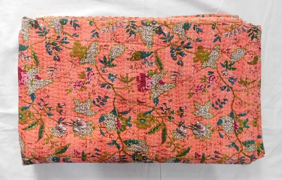 Indian Vintage King Size Kantha Quilt Bedspread 100%Cotton Bedding Throw Blanket - Image 1 of 4