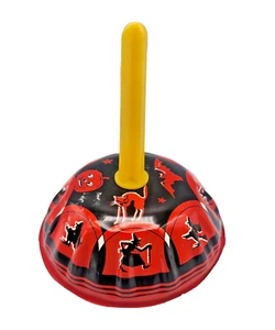 Vintage Halloween Tin Bell Noisemaker US Metal Toy MFG CO Orange Black Witch Cat - Picture 1 of 6