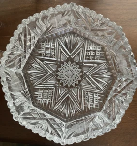 IRENA CRYSTAL OCTAGON CENTERPIECE BOWL- SAWTOOTH RIM, STAR CENTER, POLAND - Picture 1 of 13