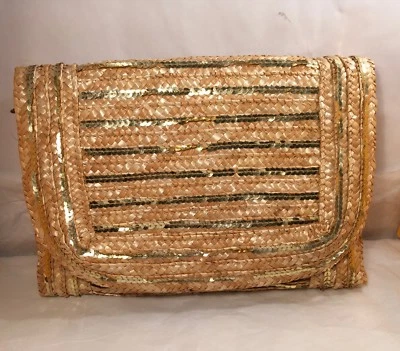 LIMITED EDITION Purse Crossbody Clutch Straw Golden Sequience Blue Lining - Image 1 of 4