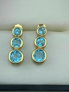 2.30 Ct Round Cut Lab Created Blue topaz Drop Earrings 14K Yellow Gold Over - Picture 1 of 4