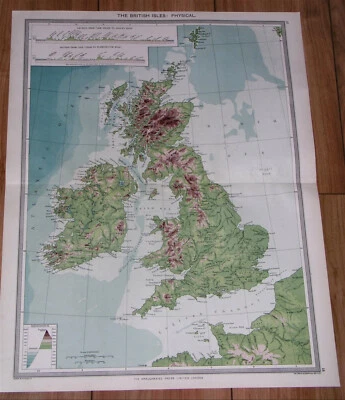 1908 ANTIQUE PHYSICAL MAP UNITED KINGDOM GREAT BRITAIN ENGLAND SCOTLAND IRELAND - Image 1 of 4