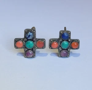 Sterling Silver Amethyst Turquoise Carnelian Coral Lapis Screw Back Earrings Vtg - Picture 1 of 6