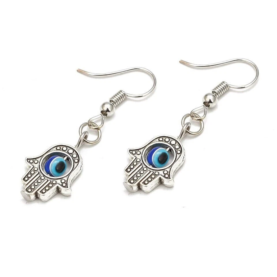 Orecchini con Mano di Fatima Occhio turco allah portafortuna malocchio da Donna - Immagine 1 di 4