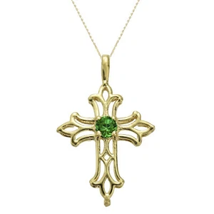 10K Yellow Gold Round Created Emerald Cross Pendant Necklace - 3mm - Picture 1 of 8