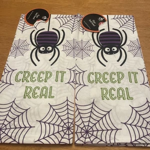 NWT~2 Flour Sack Halloween Kitchen Towels ~16 x 28” CREEP IT REAL Spider Web - Picture 1 of 7
