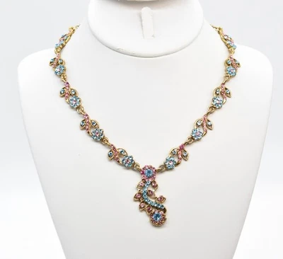 17" Gold-P Pink & Blue Rhinestone Flower Vine Chain Choker Pendant Necklace Fine - Image 1 of 3