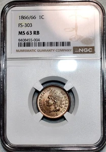 NGC MS-63 RB 1866/66 FS-303/Snow-9 Indian Head Cent, Frosty, Red-Brown RPD! - Picture 1 of 6
