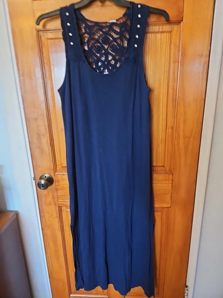 Maxi Vestido de Verano INC Azul Sin Mangas Elástico Algodón Talla 2X Embellecido  Foto 1 de 4