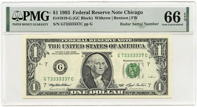 1993 $1 Federal Reserve Note PMG 66 EPQ Radar Serial Chicago Illinois - C257 - Image 1 of 2