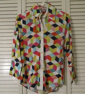 Rare Bella Pelle Long Sleeve Geometric Womens Button Up Blouse Shirt Top M - Picture 1 of 8