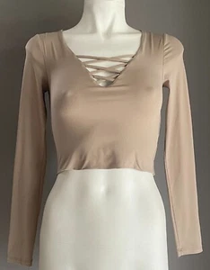 SUPRE Mocha Crop Top Long Sleeve Smooth Stretch Fabric Criss Cross Size XS 8 - Picture 1 of 7