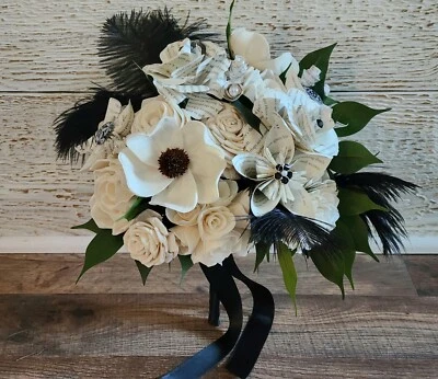 Storybook Inspired Wedding Bouquet w a matching Boutonniere in Black and White - Image 1 of 4