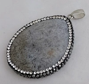Vintage Grey Teardrop Druzy Agate Rhinestone Pendant 1.75" - Picture 1 of 3