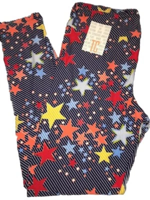 NUEVO CON ETIQUETAS Leggings LuLaRoe American Tall & Curvy TC Azul Marino Rayas y Rojo Amarillo Estrellas Foto 1 de 4