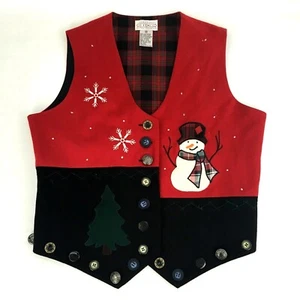 Cambridge Dry Goods Womens Medium Vest Red Plaid Snowman Holiday Winter - Picture 1 of 8
