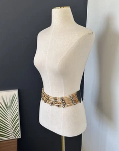 Vtg Leather Belt Binny Wood Beaded Silver Buckle Native Americans Boho Fashion - Picture 1 of 10