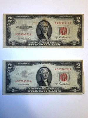 1953-A two-dollar notes $2 bills | Red seal + AA block | Circulated  (Lot of 2) - Image 1 of 2