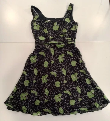 Vestido Donna Morgan Negro 100% Seda Verde Floral Línea A Sin Mangas Talla 6 Cremallera Foto 1 de 4