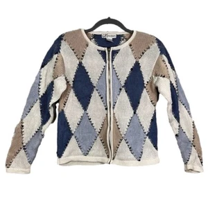 Vintage Dressbarn 90s Knitted Zip Up Long Sleeve Argyle Sweater Small - Picture 1 of 16