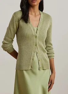 Neu mit Etikett Lauren Ralph Lauren grüner Damen-Cardigan Metallic Leinenmischung Rippstrick Medium - Bild 1 von 8