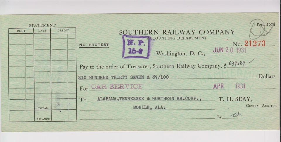 SOUTHERN  RAILWAY              1931        Draft / Check - Image 1 of 1