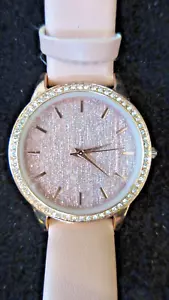 Women's Accutime Watch Pink Metallic Face Rhinestones Rose Gold Tone Metal Case - Picture 1 of 6