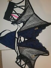Seven Till Midnight 3 Piece Lace Overlay Bra Garler Belt + Panty Set XL Blue...
