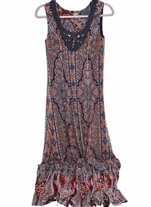 Reba Maxi Dress Mesh Paisley Rhinestone Sleeveless Fit & Flare Ruffle Boho Sz S - Picture 1 of 8