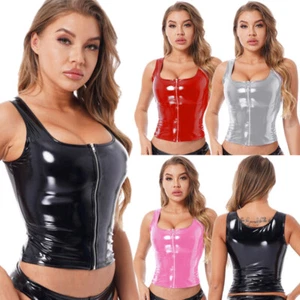 Para mujeres Chaleco sin mangas de cuero patentado con cremallera aspecto húmedo cuello en U Chaleco Prendas para club nocturno - Imagen 1 de 39