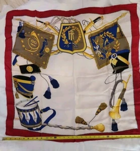 Vtg CELINE Paris Authentic Silk Scarf 32x32 Music Red Navy Trumpet Drum EUC - Picture 1 of 7