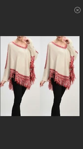 Moon Collection Knitted Ivory Red Sleeved Poncho Fringe Size Small    NWT - Picture 1 of 3