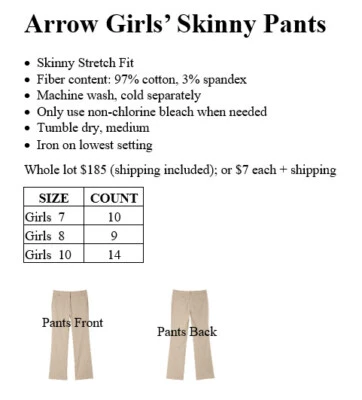 Girls' Khaki Skinny Style Uniform Pants. Size 10. New w/tags.  Machine washable. - Image 1 of 4