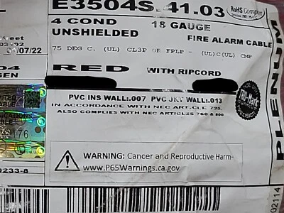 Carol E3504S 18/4C Solid Plenum Fire Alarm Wire Cable FPLP Red /100ft - Image 1 of 4