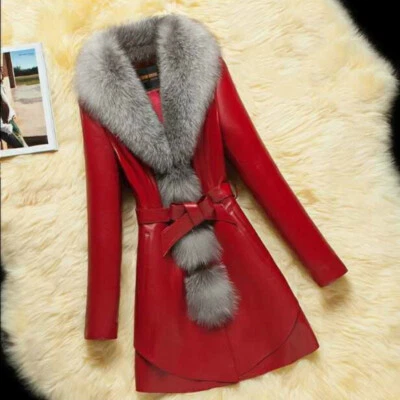 Lady Leather Jacket Faux Fur Collar Splice Long Belt Waist Ruffle Overcoat Tops - Image 1 of 3