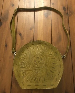 Borsa rotonda vintage in pelle verde oliva lavorata a mano tracolla rimovibile boho zip - Foto 1 di 21