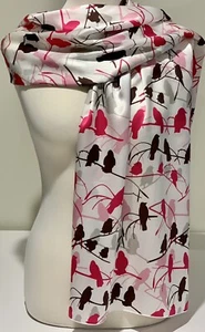 100% Mulberry Silk Charmeuse Scarf Wrap Pink Brown Grey Crimson Birds 65x200cm - Bild 1 von 8