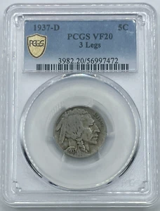 1937-D 3-Legs Buffalo Nickel 5c, PCGS VF-20, w/ True Views. Key Date. - Picture 1 of 3