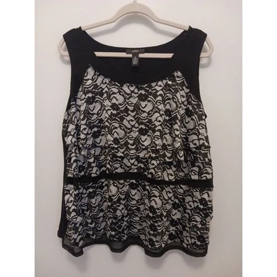 Alfani Sleeveless Top Womens XL 1X Black White Ruffles Lined Blouse EUC - Image 1 of 4